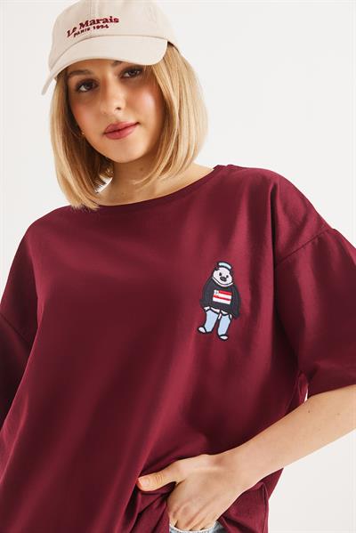 Nakışlı Bisiklet Yaka Tshirt Bordo