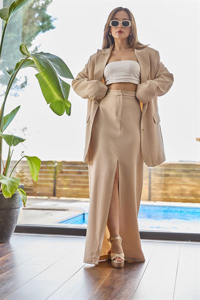 Yırtmaçlı Etek Oversize Ceket İkili Takım Vizon