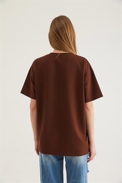 Bisiklet Yaka  Kısa Kol Basic Tshirt Kahve