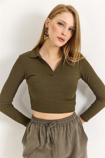 Kadın Polo Yaka Fitilli Crop Bluz Haki