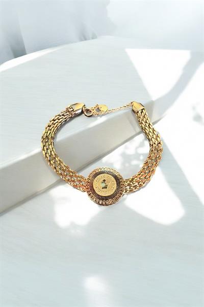 Tuğralı çelik kaplama zincir bileklik Gold
