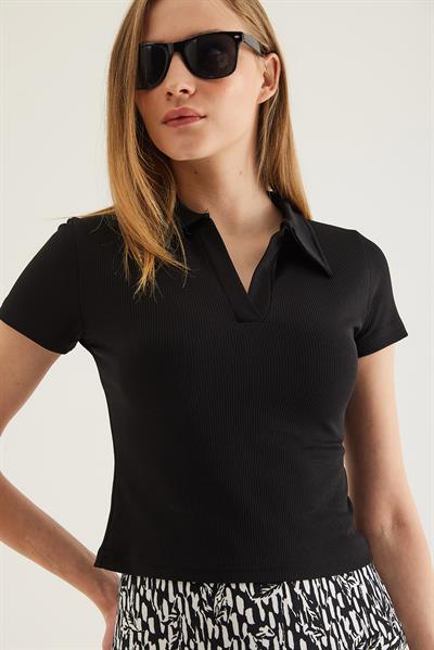 Polo Yaka Kadın Kısa Kol Bluz Siyah