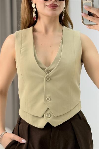 Kadın İkili Model Düğmeli Crop Kumaş Yelek Vizon