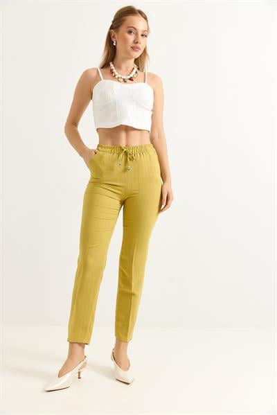 Beli Lastikli Çizgi Desenli Krep Pantolon Sarı
