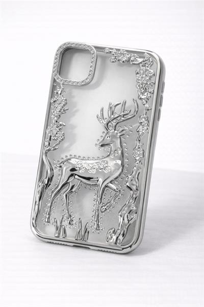 İphone 11 Uyumlu Geyik ve Çiçek Kabartmalı Kılıf Gri