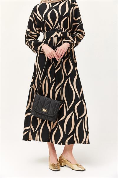 Kemerli Yarasa Kol Kemerli Elbise Siyah