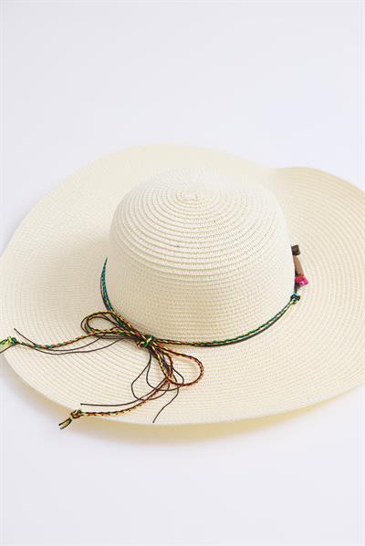 Etnik Boncuk Detaylı Kadın Hasır Şapka Krem