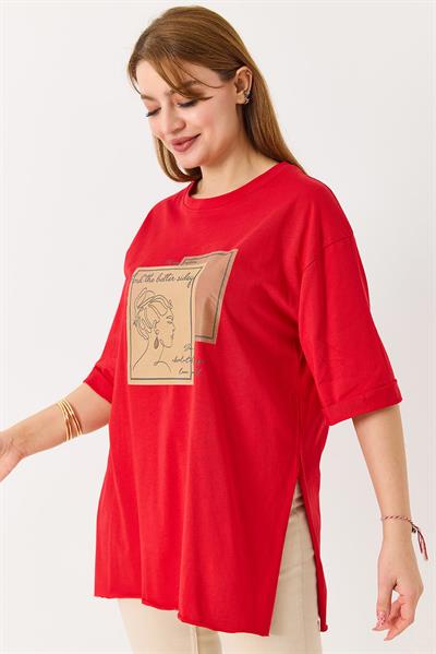 Kadın Figürlü Baskılı Bisiklet Yaka Tshirt Kırmızı