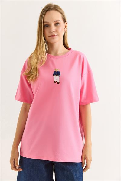 Ayıcık Nakışlı Rahat Kalıplı Tshirt Pembe