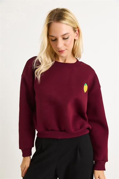 Limon Nakışlı Üç İplik Swetshirt Bordo