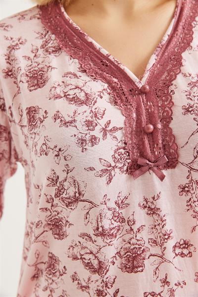 Yakası Dantelli Uzun Kollu Pijama Takımı Pembe