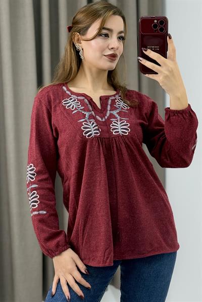 Kadın Bordo Triko Etnik Çiçek Nakışlı Kazak