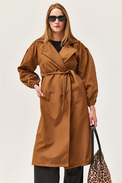 Bel Kuşaklı Oversize Trençkot Kahverengi