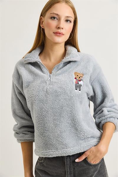 Kadın Nakışlı Welsoft  Fermuar Detaylı Sweat Gri