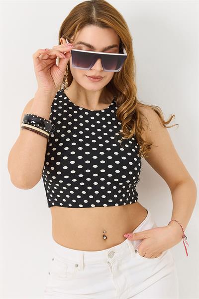 Kadın Poliyemid Kumaş Puantiyeli Crop Bluz  Siyah