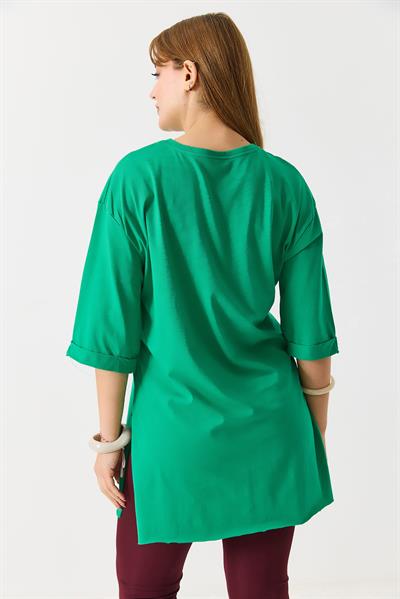 Kadın Kiraz Baskılı Yanları Yırtmaçlı Bisiklet Yaka Tshirt  Yeşil