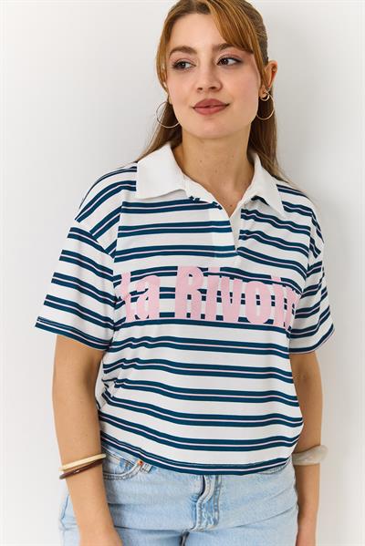 Polo Yaka Çizgili Baskılı Kısa Kollu Tshirt  İndigo