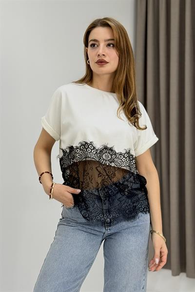 Kadın Eteği Full Dantelli Kısa Kollu Bisiklet Yaka Bluz Beyaz