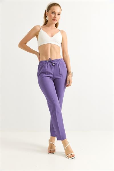 Beli Lastikli Kısa Paça Double Krep Pantolon Lila