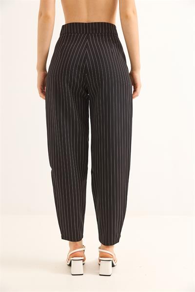 Kemeri Çift Düğmeli Çizgili Palazzo Pantolon Siyah