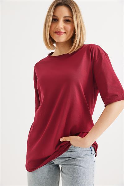 Oversize Bisiklet Yaka Basic Tshirt Bordo