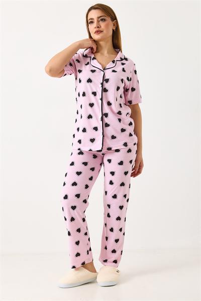 Kadın Kalp Baskılı Pembe Düğmeli Pijama Takımı 
