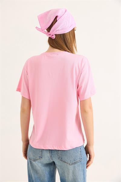 Bisiklet Yaka Kısa Kollu Fit Tshirt Pembe
