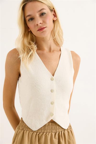 Arkası Dantel Detaylı Düğmeli Yelek Ekru