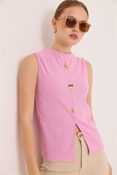 Bisiklet Yaka Gold Düğmeli Ottoman Fitilli Bluz Pembe
