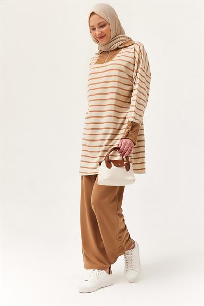 Yaka Fermuarlı Kol Detaylı  İkili Takım Vizon