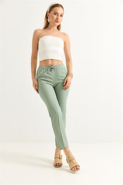 Beli Lastikli Kısa Paça Double Krep Pantolon Çağla