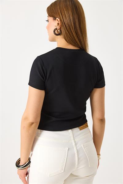 Kadın Kısa Kollu Yıldız Taşlı Crop Bluz Siyah