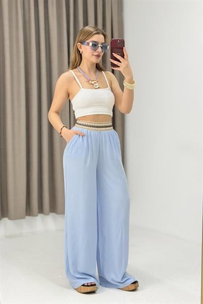 Kadın Beli Etnik Desen Keten Salaş Pantolon Mavi