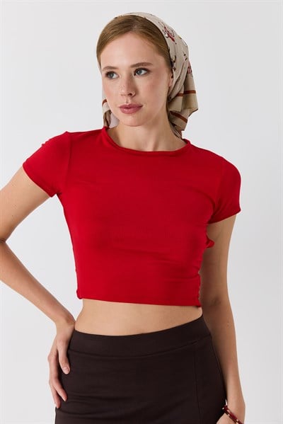 Kadın Bisiklet Yaka Sırt Dekolteli Crop Bluz Kırmızı