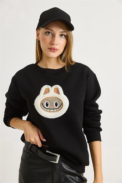 Kadın Labubu İşlemeli Üç İplik Sweatshirt Siyah