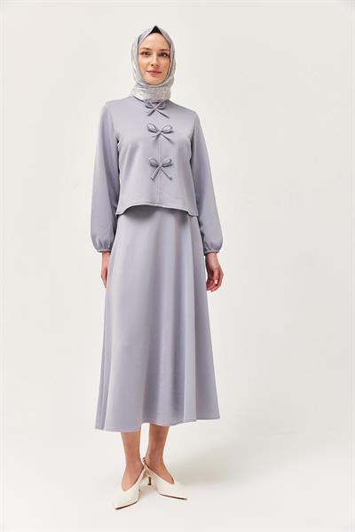 Önü Fiyonklu Etekli Scuba İkili Takım Gri