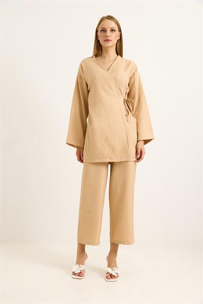 Yandan Bağlamalı Kimono Pantolon İkili Takım Vizon