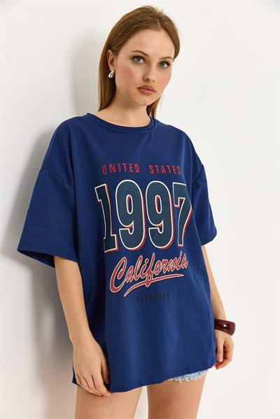 California Baskılı Oversize İki İplik Tshirt  Lacivert