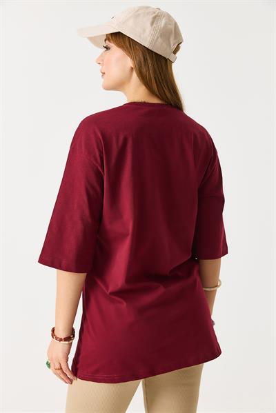 Kadın Bol Kesim Bisiklet Yaka Kısa Kol Tshirt Bordo