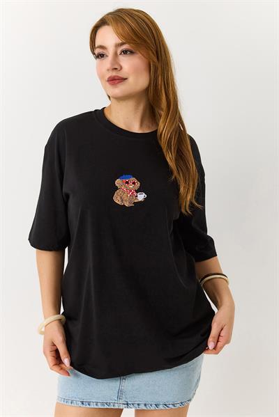 Kadın Nakışlı Bisiklet Yaka Tshirt Siyah