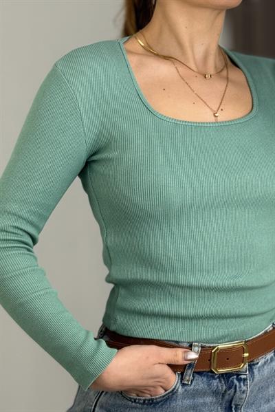 Kadın Fitilli Kare Yaka Uzun Kollu Bluz  Yeşil