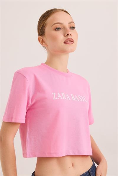 Baskılı Kısa Kol Pamuk Crop Tshirt Pembe