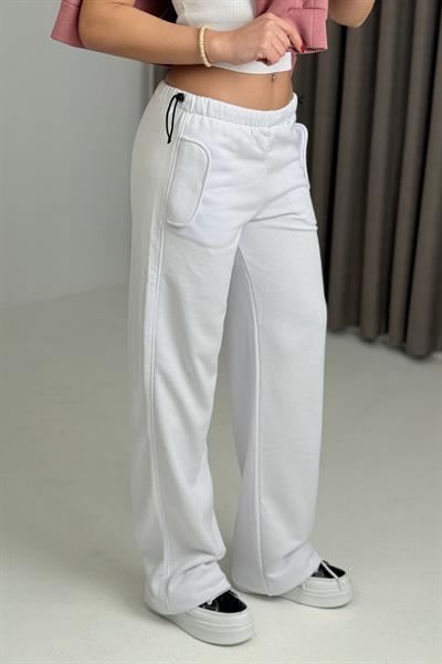 Rahat Kesim Cepli Beli Lastikli Eşofman Altı Beyaz