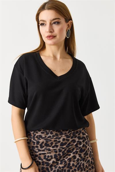 Kadın V Yaka Modal Kısa Kollu Tshirt  Siyah