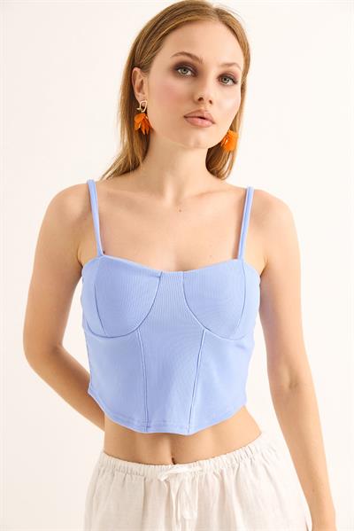 İp Askılı Örme Crop Bluz Mavi