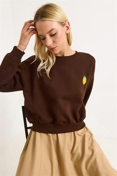 Limon Nakışlı Üç İplik Swetshirt Kahverengi