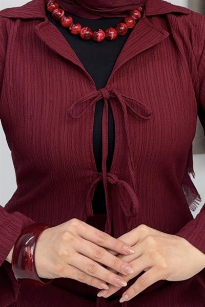 Kadın Önden Bağlamalı Crop Üst - Etekli Takım Bordo