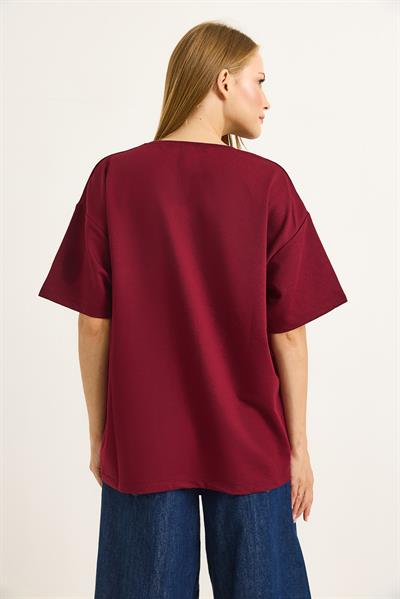 Kiraz Nakışlı Oversize Rahat Kalıp Tshirt Bordo