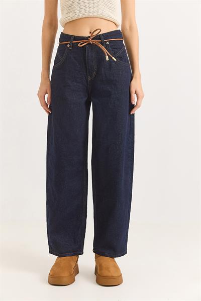 Kadın Deri Kemerli Bol Paça Kot Pantalon  Lacivert