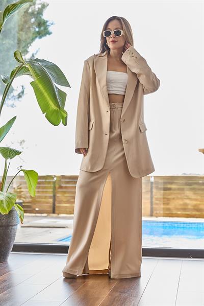 Yırtmaçlı Etek Oversize Ceket İkili Takım Vizon